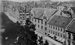 Prospektkort av noe av Parken, Langveien, og Bedehuset midt 