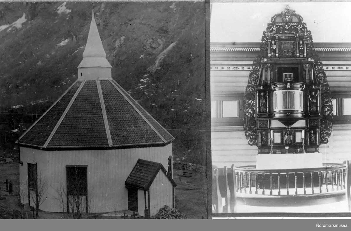 Foto av Romfo kirke i Sunndal kommune. Bildet er ikke datert. Se også reg. nr. KMb-1943-000.0532. Fra Nordmøre Museums fotosamlinger.