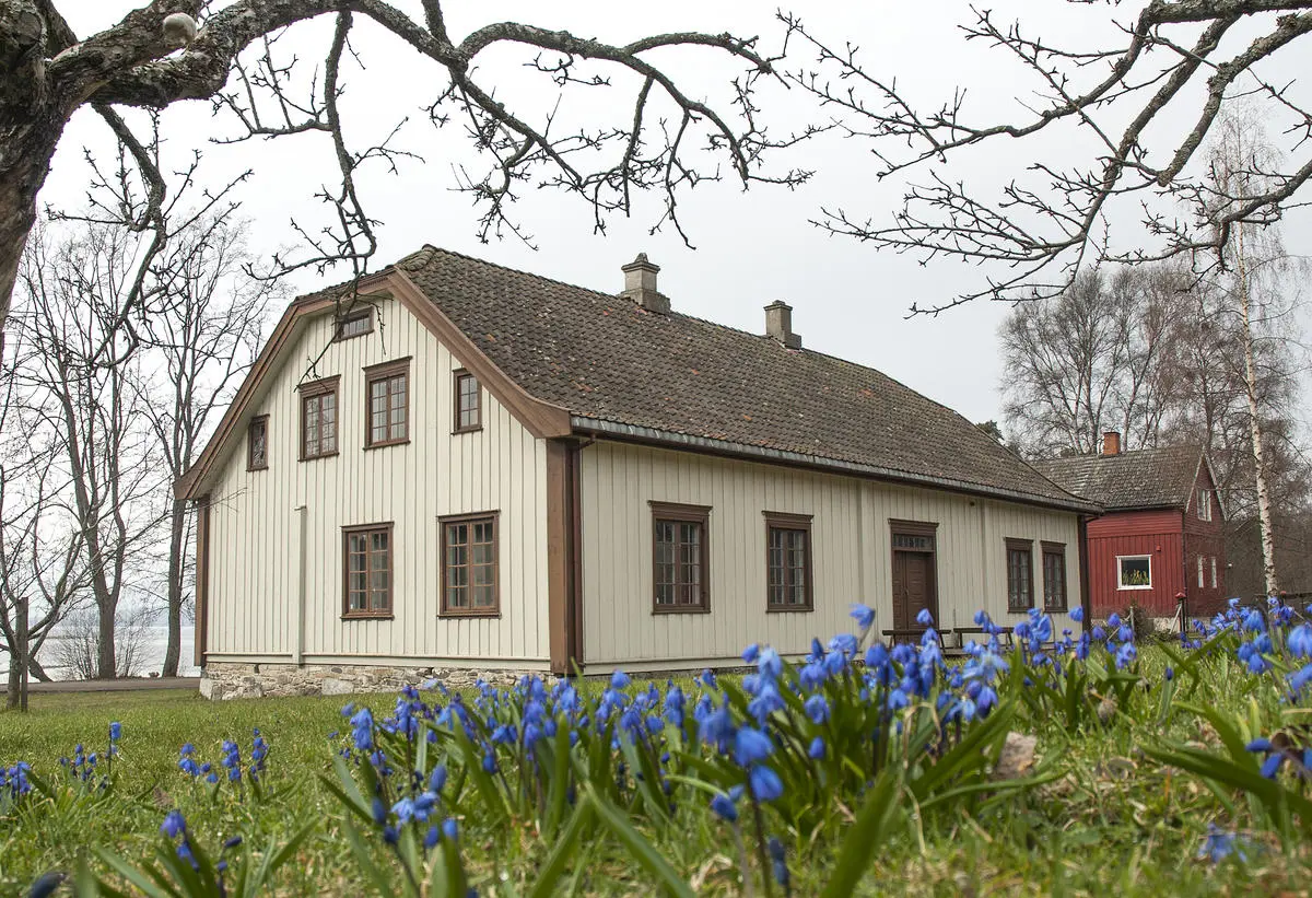 Hvitt hus med valmet tak og blå blomster i forgrunnen.