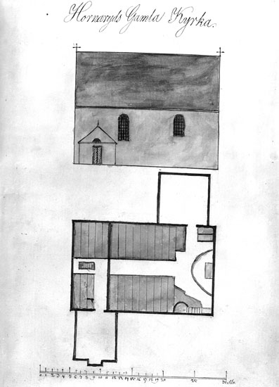 En ritning över Hornaryds gamla kyrka.