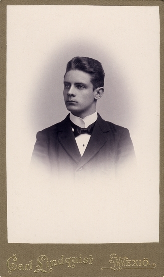 Porträtt (bröstbild, halvprofil) av en okänd ung man i stärkkrage, mörk kavajkostym och mörk fluga.