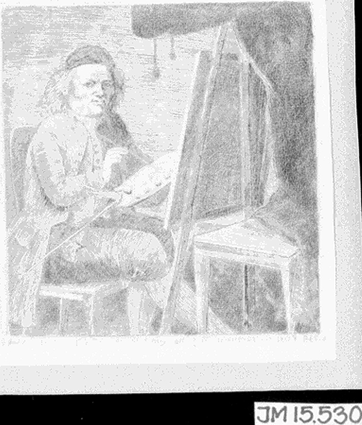 Bladet är ett självporträtt av konstnären. På en stol framför sitt staffli sitter konstnären själv. Han håller sin palett i ena handen och i den andra en pensel med vilken han just blandar färg. Bakom stafflit till vänster står ett bord och från det och sedan längs övre vänstra hörnet går ett mörkt draperi med två tofsar.
Se Cnattingius, (1937), Katalog grafiska verk 99.

Påskrift: Född d:30, Janu: 1746 - afmålat mig och här Graverat år 1807 PH.

Montering/ram: Monterad på blått papper.