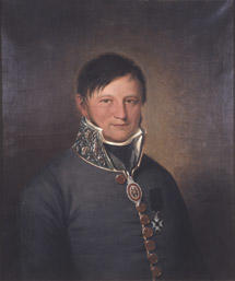 Portrett av Johan Collett. Mørk grå uniform, medalje i bånd om halsen, orden festet på brystet. (Foto/Photo)