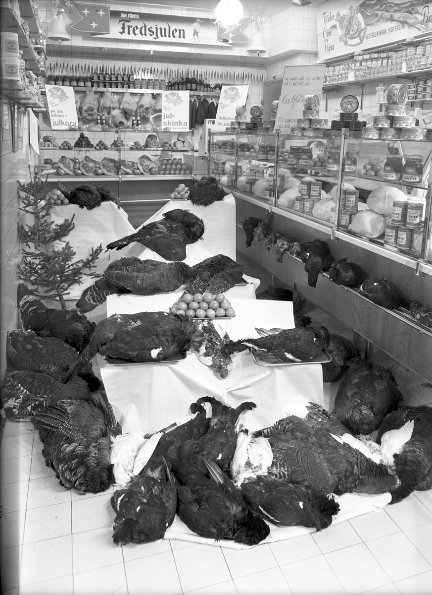 Julskyltning med oplockad vildfågel i charkuteributiken i Konsum Alfa varuhus. Första julen i fred efter andra världskriget, 1945.