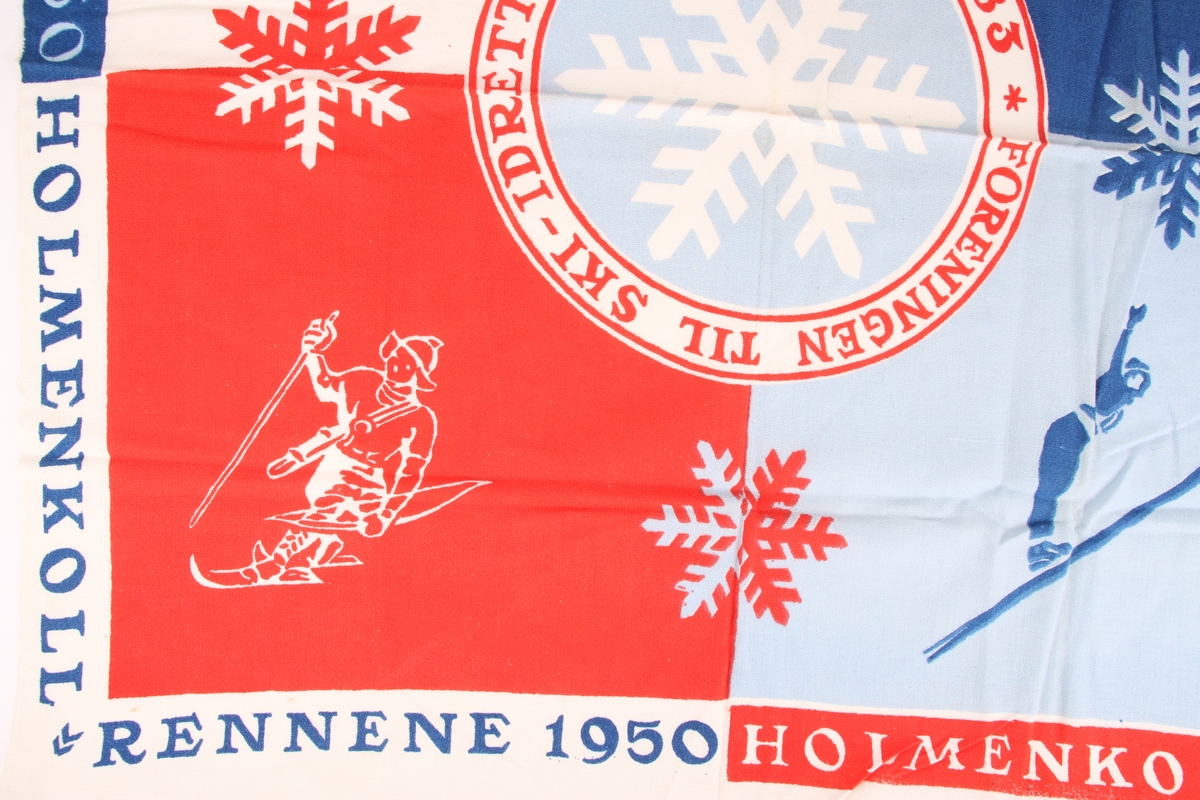 Offisielt skjerf laget til Holmenkollrennene i 1950 dekorert med tekst samt en alpinist, en langrennsløper, en skihopper og "fuglemannen" fra Skiforeningens logo.