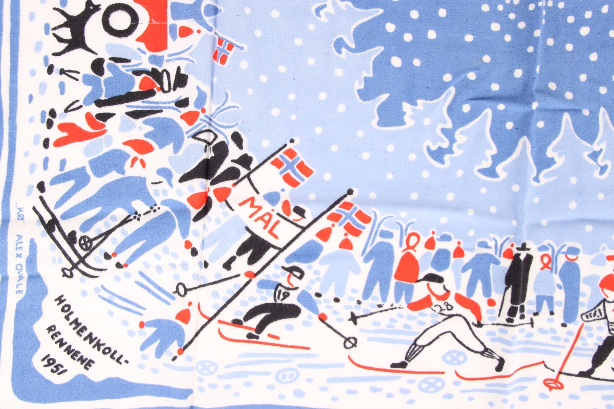 Offisielt skjerf for Holmenkollrennene i 1951. Motivet er tegnet av Alex Qvale.