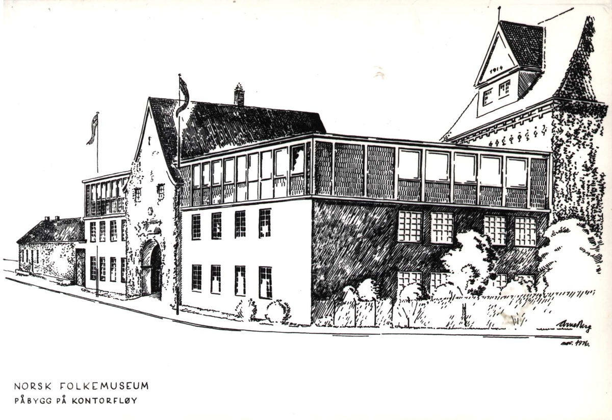 Postkort.  Påbygning av museets kontorfløy.  Bruksbygninger, NF.