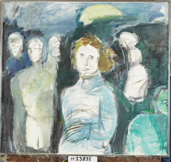 Oljemålning på duk.
En kvinna står ensam bland flera människor.
Mått: med ram 635 x 740 mm.

Inskrivet i huvudbok 1977.
Montering/Ram: Smal, gråmålad träram