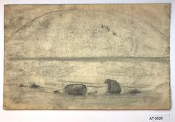 Gammel mann og kone, barn i seng [Tegning]