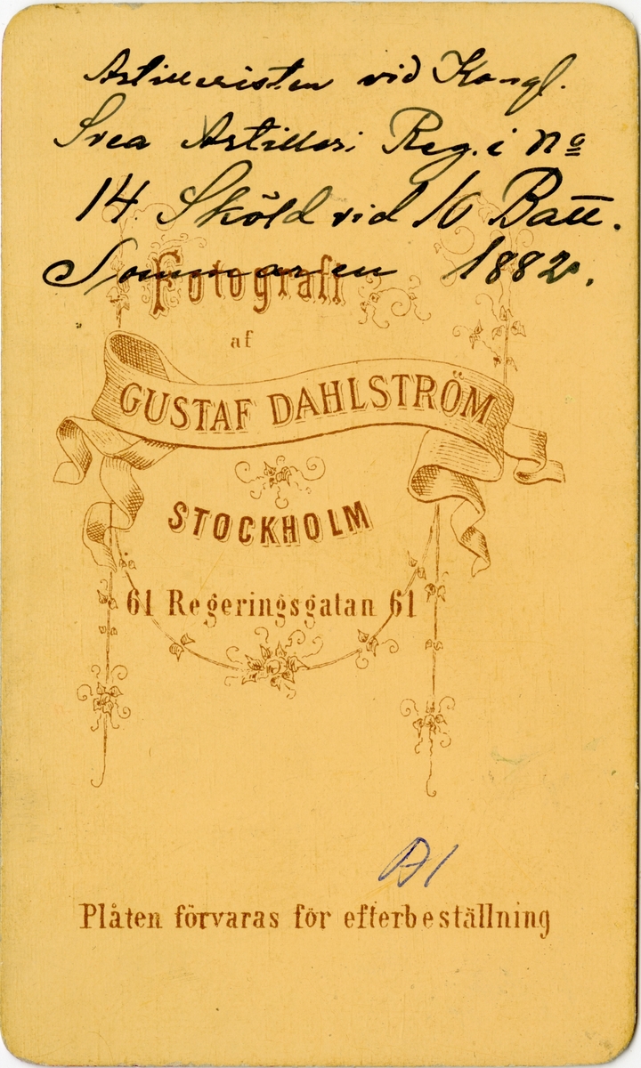 Porträtt av Gustaf Adolf Jansson Sköld, artillerist nr. 14 vid 10:e batteriet, Svea artilleriregemente A 1.