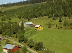 Kulturlandskap. Småbruk. Gul bygning. Litt dyrka mark, mye u