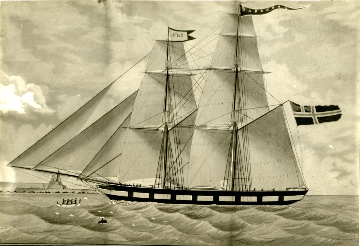 Brigg 'Arendal' (b.1855, Arendal), - på vei in til Malta Harbour 13.02.1856.