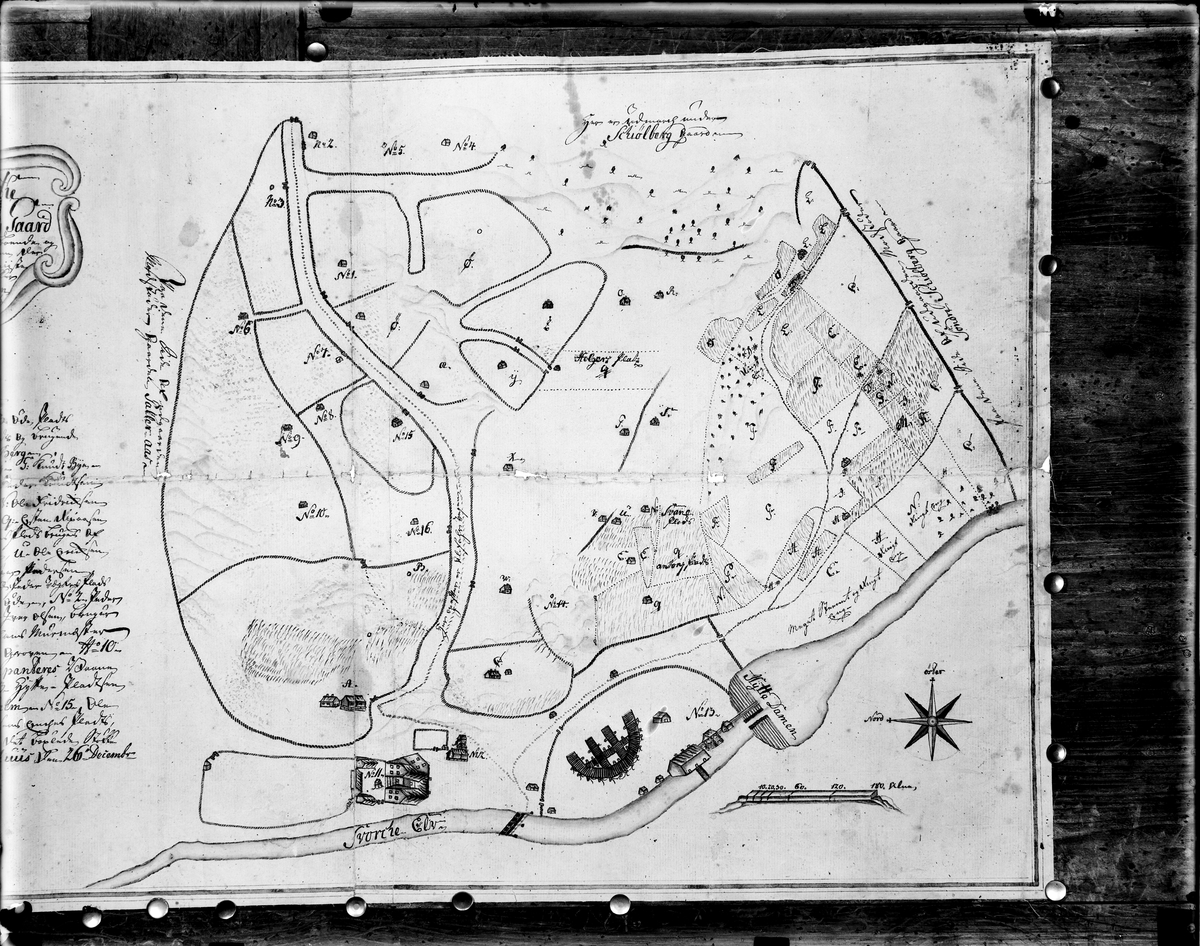 Bilde av kart med anmerkinger: "Geometri-partie over Nordre Schölberg gaard". 1.del.