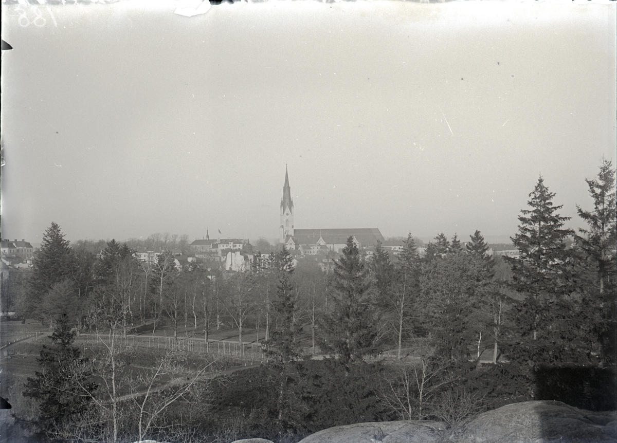 Vy mot domkyrkan, sett från Trädgårdsföreningen.
Linköpings Trädgårdsförening, anlades 1859 av ett bolag på ett av Serafimerordensgillet arrenderat område. Den välskötta anläggningen utvidgades 1871 och blev upplåten för allmänheten mot det att staden till bolaget årligen erlägger ett belopp av 300 rdr.