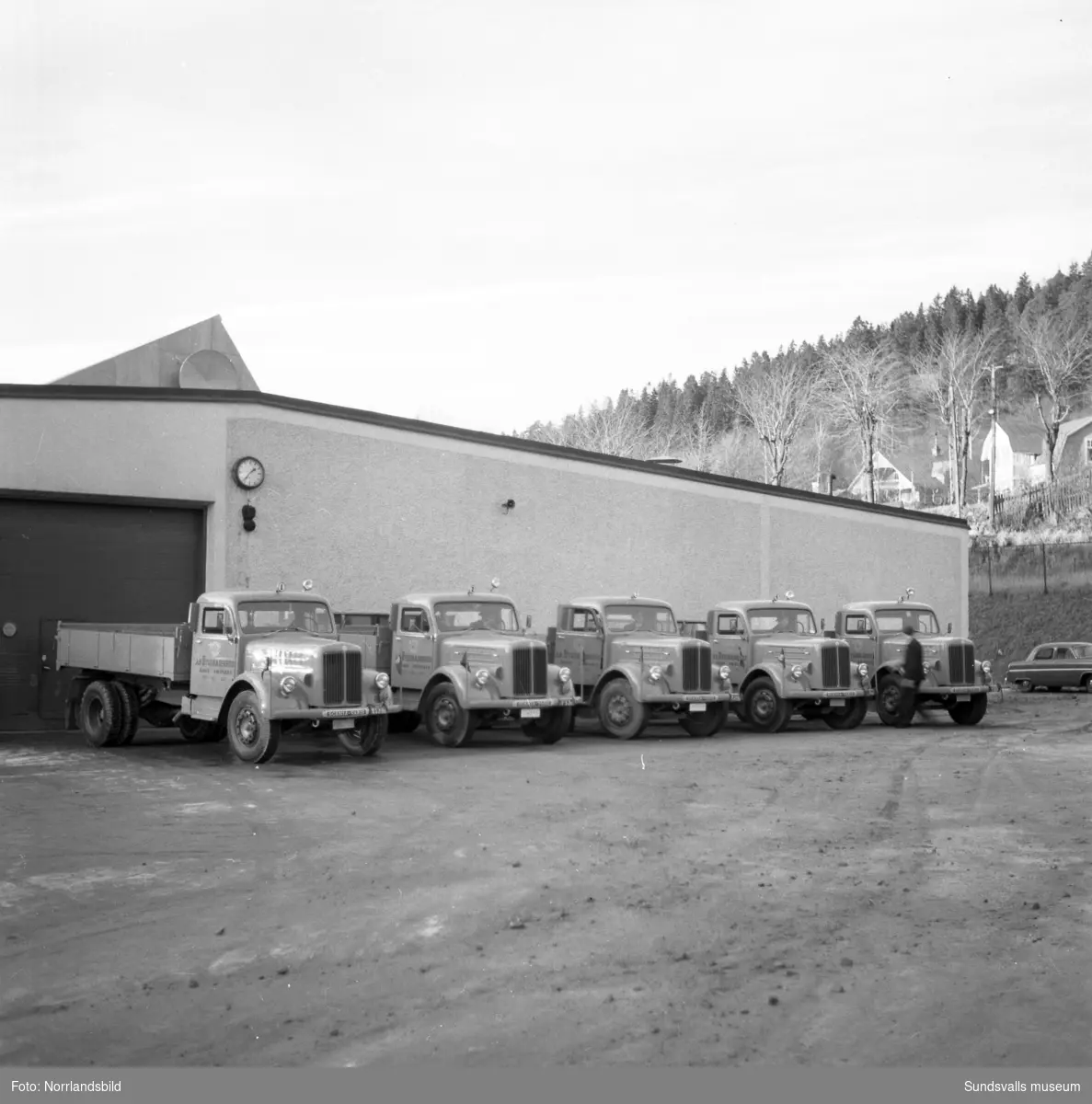 Fem Scania lastbilar står uppradade utanför Bil & Buss, för leverans till Fränsta.