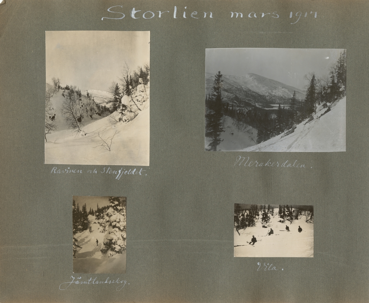 Ett snötäckt vinterlandskap med dalgång och fjäll. En grupp soldater vilar på en bergsluttning.