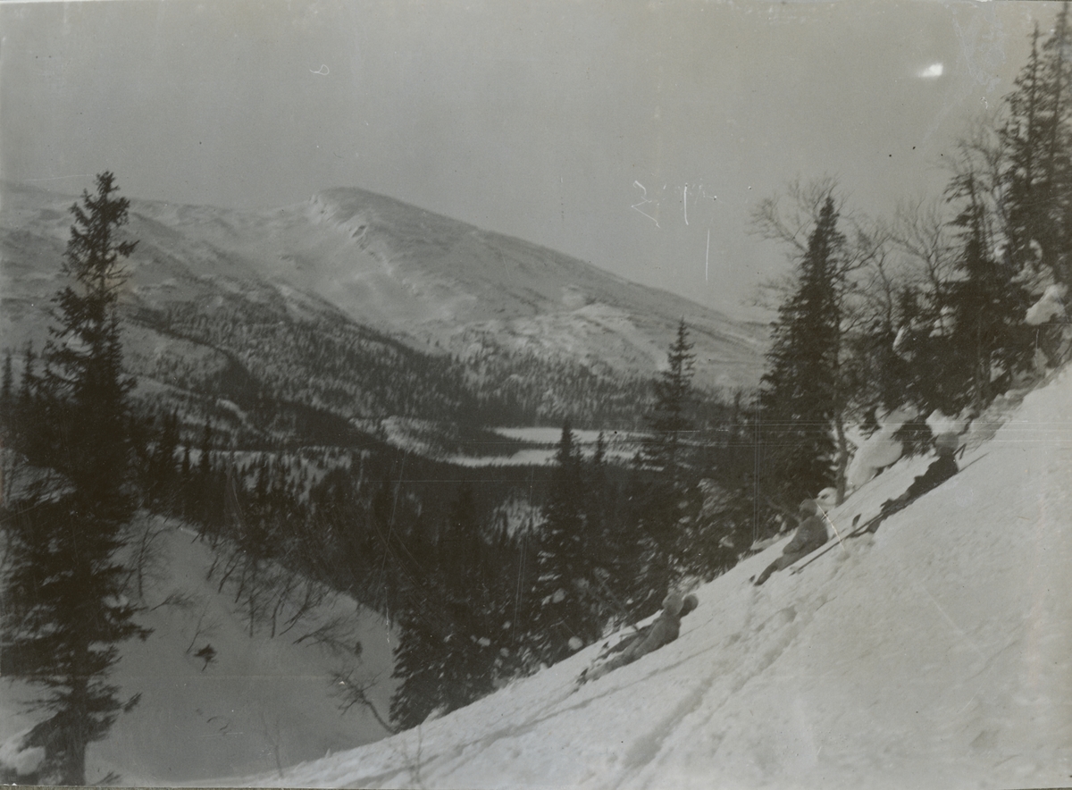 Ett snötäckt vinterlandskap med dalgång och fjäll. En grupp soldater vilar på en bergsluttning.