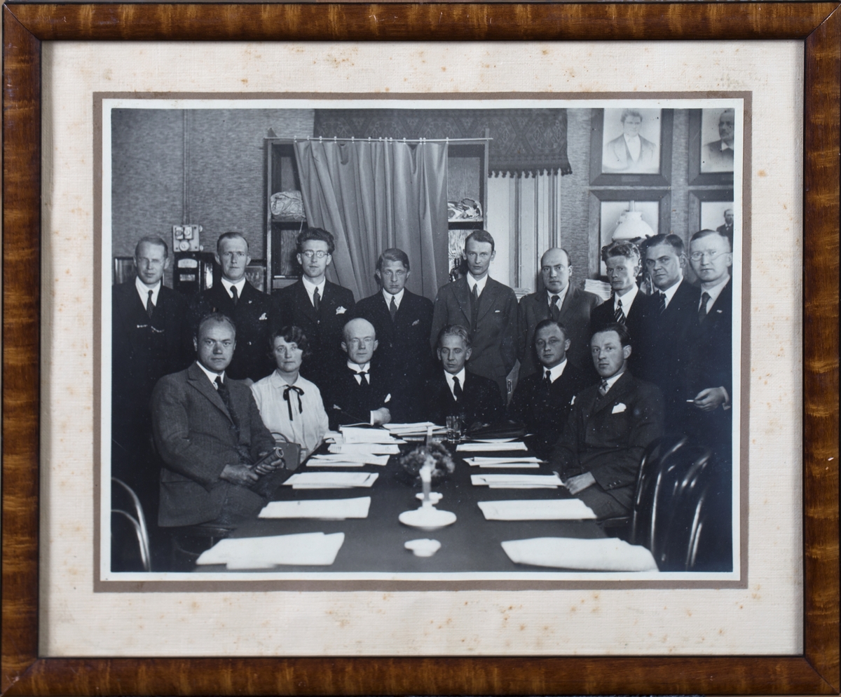 Gruppefoto av møtedeltagere, 14 menn og en dame sittende og stående rundt et møtebord.