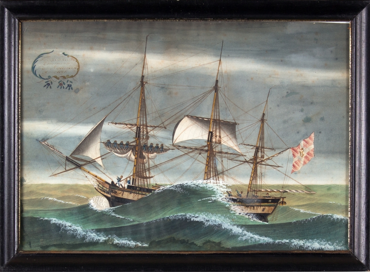 Skipsportrett av fullrigger DE TOLV SØDSKENDE i uvær, mannskapet driver med seilbergning. Skipet fører Dannebrog med det kongelige navneschiffer, og kan tyde på at skipet er på Middelhavsfart.