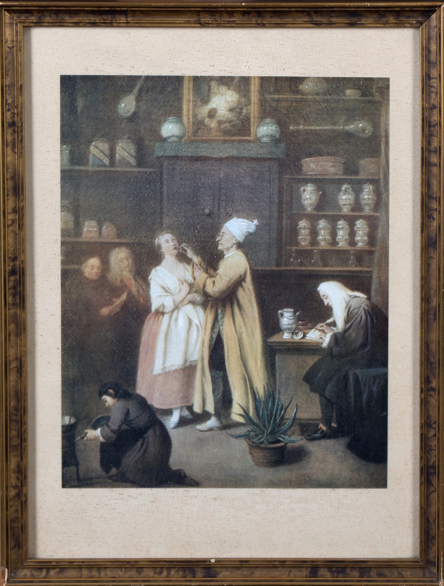 Legen og farmasøyten i et 1700-talls italiensk apotekinteriør.