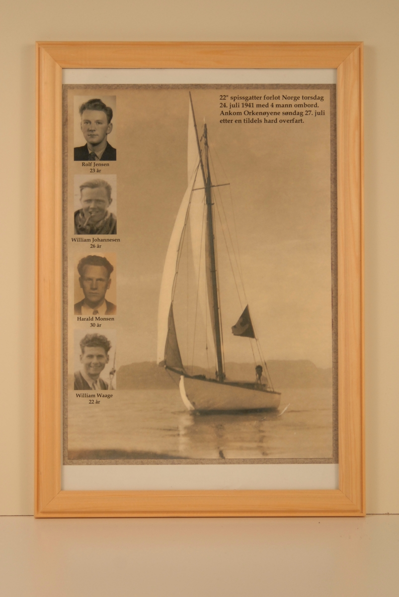 Spissgatter med segl og ein person i båten. Fire portrett innfelt i fotografiet.