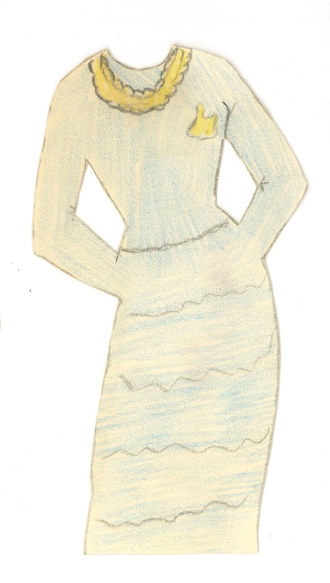 Klippdockskläder, en klänning i blått med gula detaljer. Klänningen är hemmagjord.

Tillhör klippdockan i papp (VM29165:01).