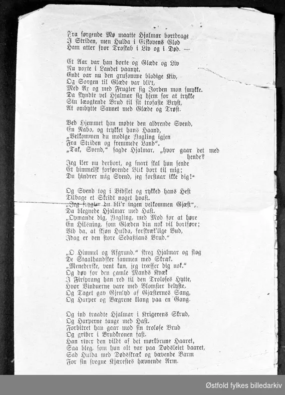Viseheftet "Kjærlighedsvisen om Hjalmar og Hulda", pris 10 øre, utgitt før 1908.

Påskrift på første side: Jenny Flaten Tukkun  Torsdag 27. August 1908.
