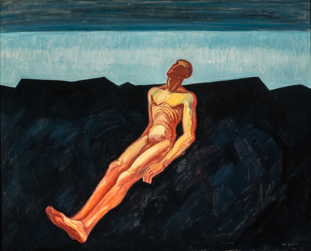Ein einsam naken mann ligg/ svever over eit fjelllandskap
