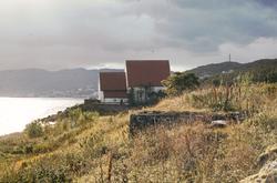 Trondeneskirka. Byen i bakgrunnen, og overgrodd mur i forgru