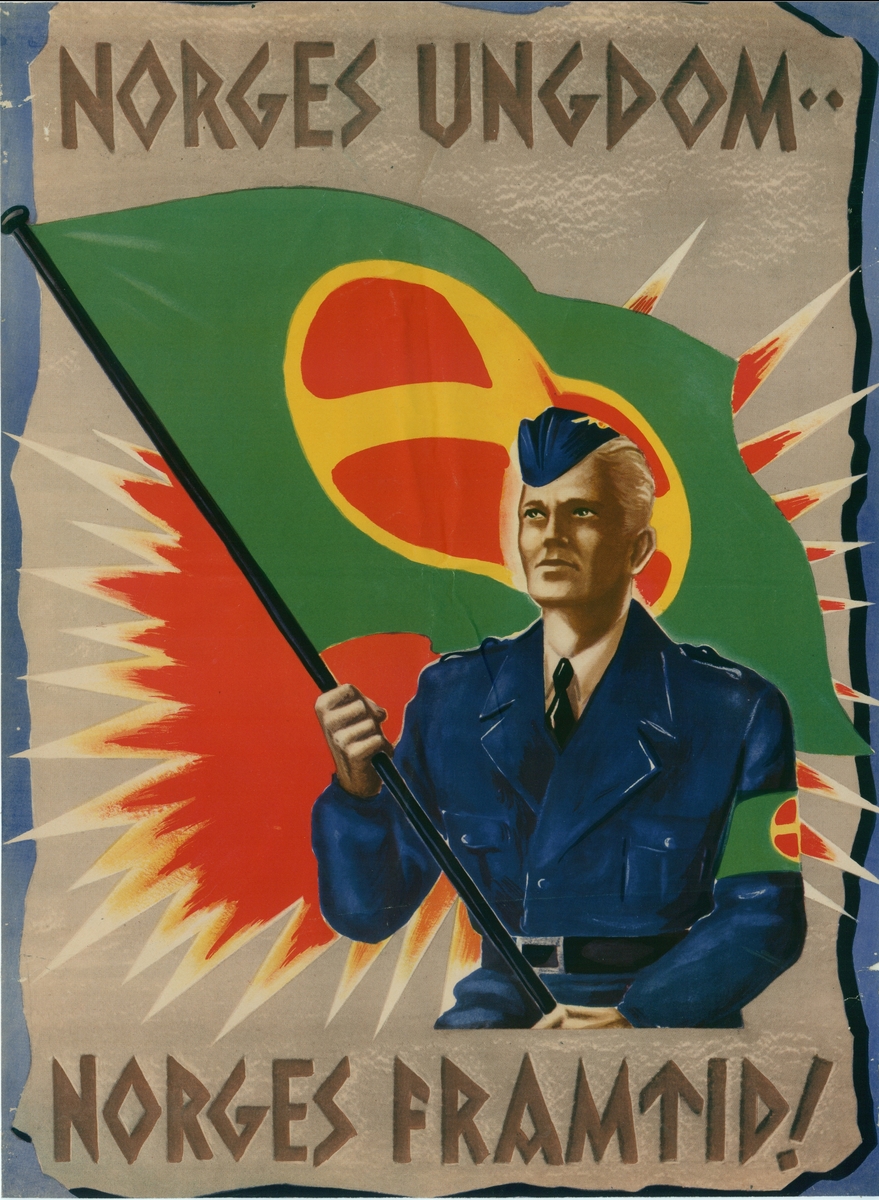 Uniformert mann, arisk utseende, bærer et flagg med solkors.  