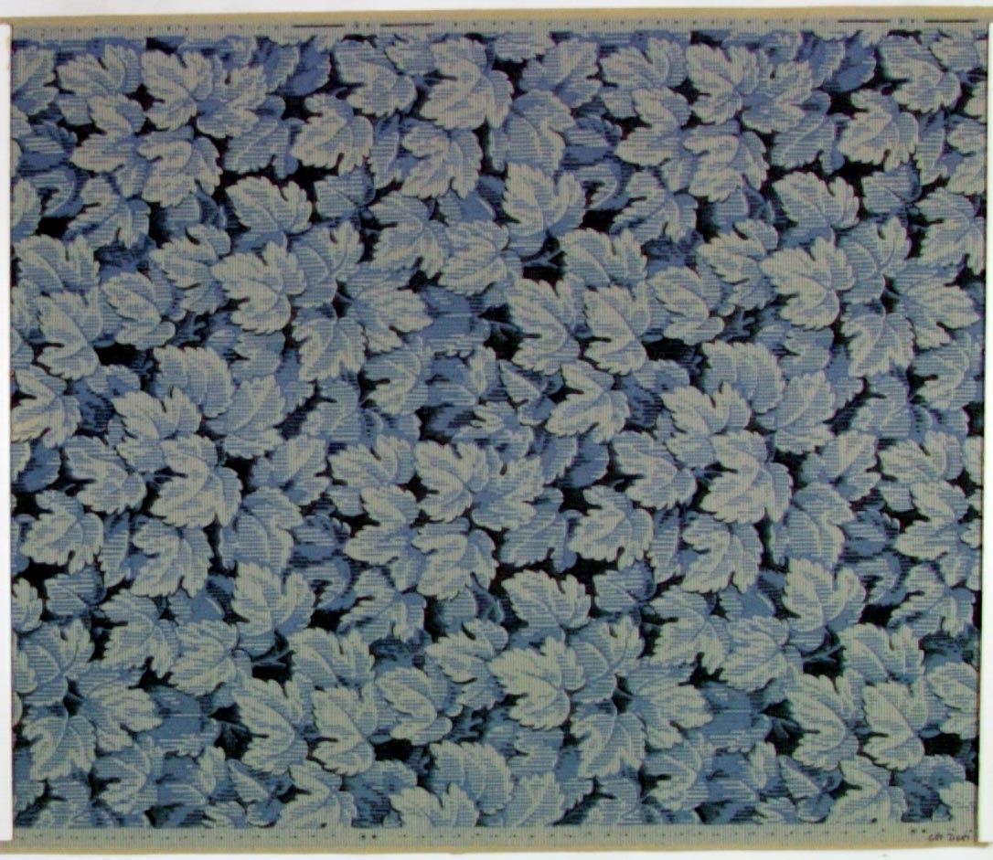 Tätt ytfyllande sgrafferat bladmönster i flera blå nyanser på ett turkos genomfärgat papper.