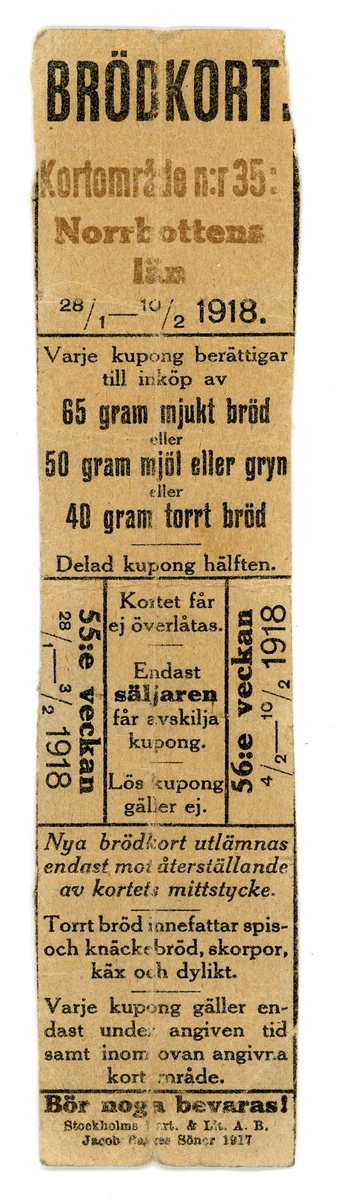 Brödkort som användes under första världskriget. För Norrbottens län, kortområde 35. Perioden 28/1 - 10/2 1918.