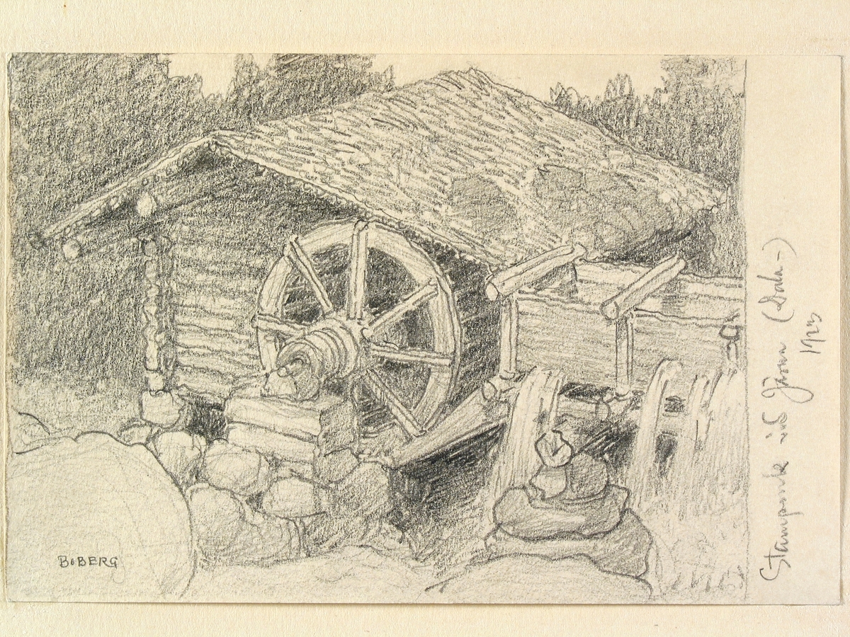 Dalarna, Järna sn., Dala-Järna. Stampkvarn. Teckning av Ferdinand Boberg