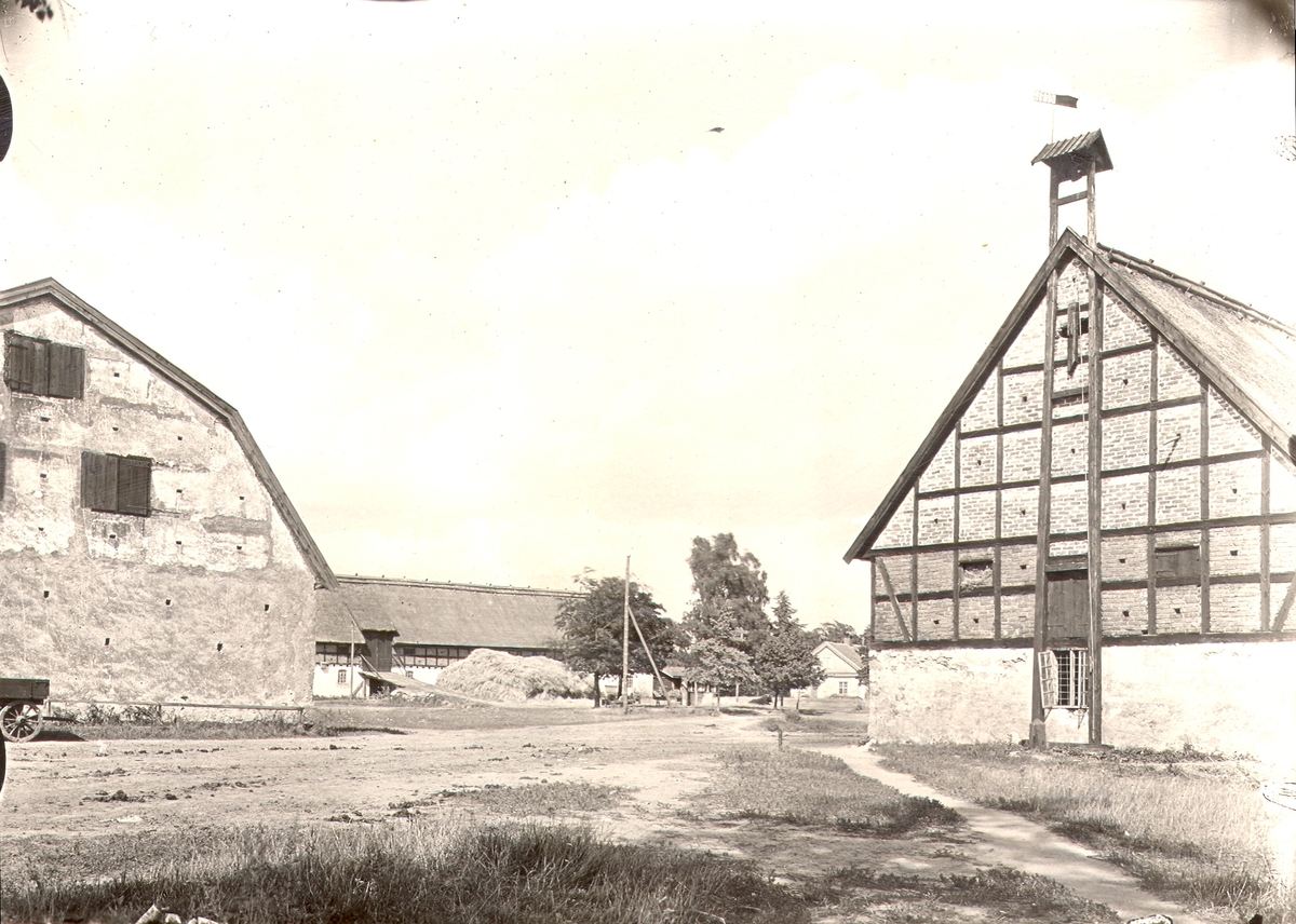Ladugården på Värnanäs Till vänster loge i korsvirke. Till höger stall i korsvirke, i flöjeln årtalet 1795. I bakgrunden fähuset.