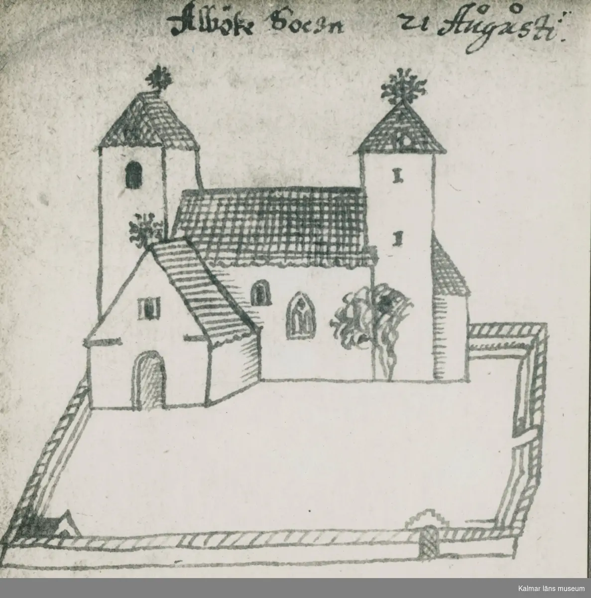 Alböke kyrka. Petrus Törnewall teckning efter Johannes Haquini Rhezelius.
Troligen tecknad 1673.