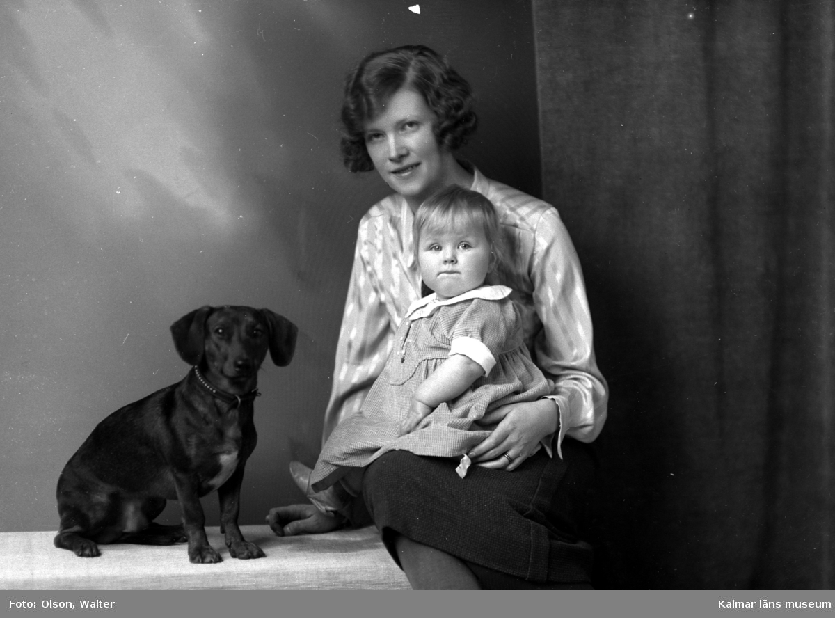 Ateljébild på en kvinna med barn och hund. Enligt Walter Olsons journal är bilden beställd av fru Bjelking.