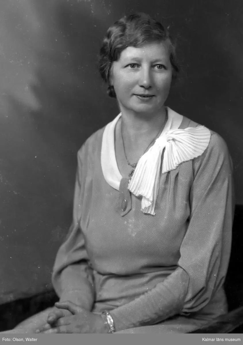 Ateljébild på en kvinna med krage. Enligt Walter Olsons journal är bilden beställd av fru Wilh. Pettersson.