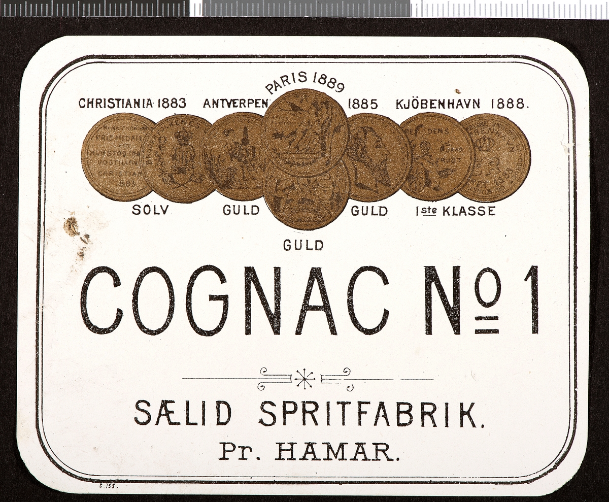 Brennevinsetikett. Spritetikett. Cognac No 1, Sælid Spritfabrik, Hamar