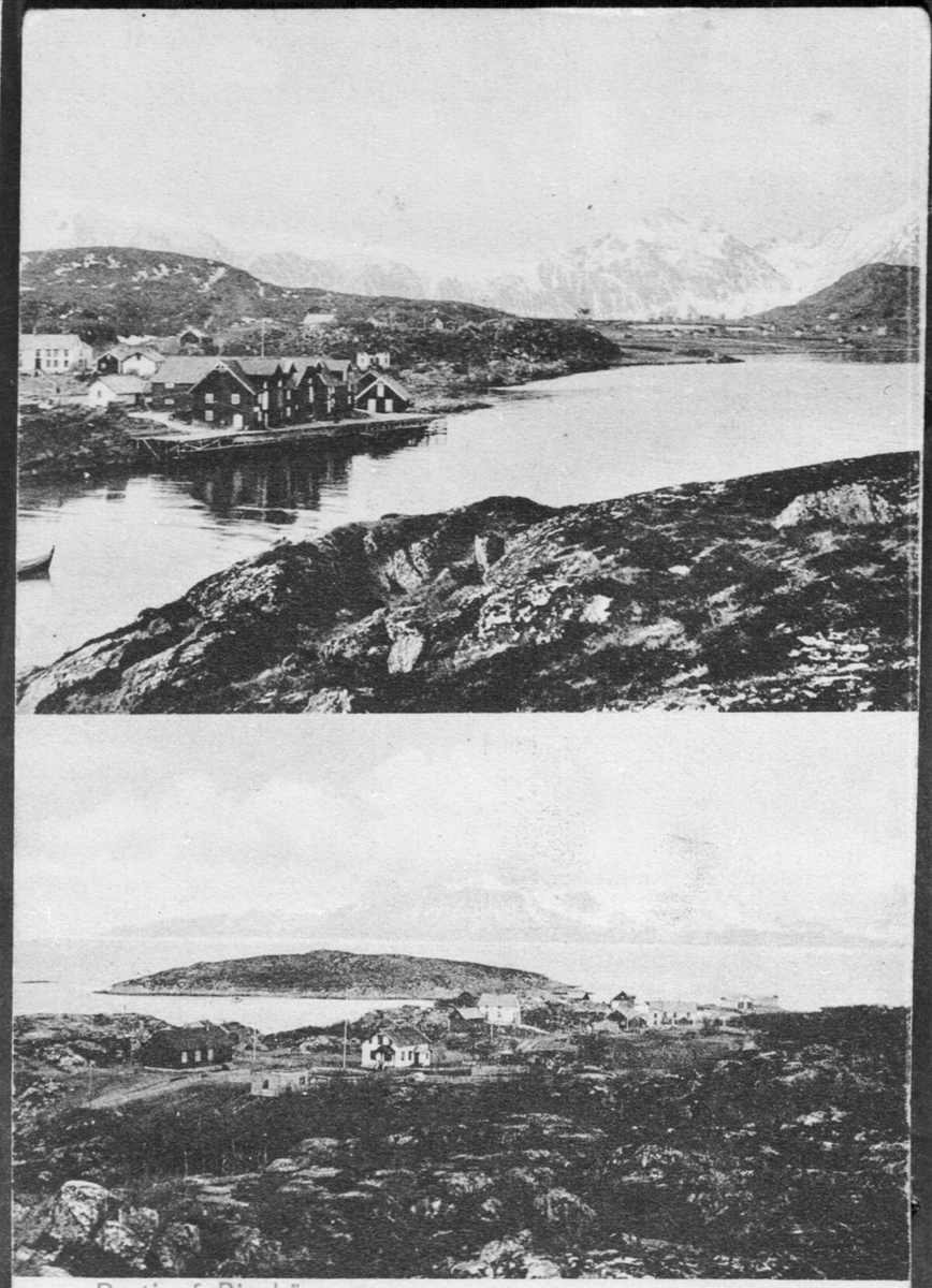 To bilder av landskap og bebyggelse i Bjarkøy.