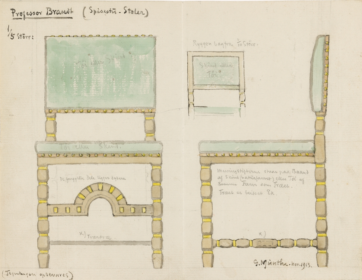 Tegninger til spisestuemøbler for professor Brandt [Presentasjonstegning]