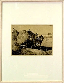 Etsning  av Acke Åslund. Två hästar som drar ett hölass. B. 370 H. 285

Inköpt på Länsmuseets utställning "Acke Åslund - hästens målare".