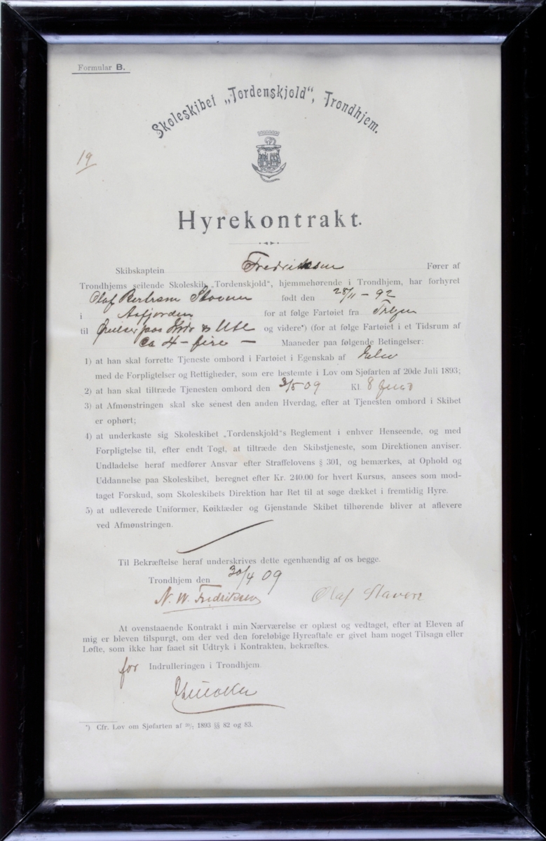 Hyrekontrakt for Skoleskipet Tordenskjold.