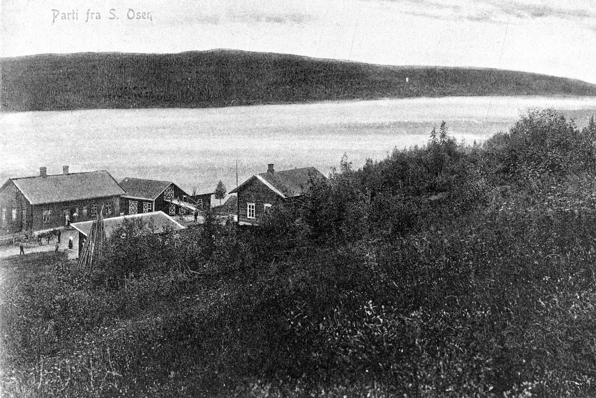 Gard liggende nede ved Osensjøen; Strandby, S. Osen. Mennesker og hest m/vogn på tunet. Berg i forgrunnen.