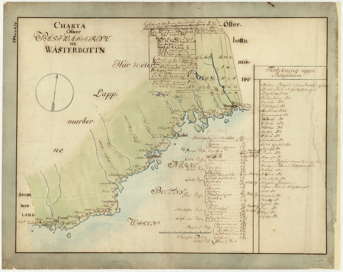 Postkarta över postvägarna i Västerbotten under 1700-talets mitt. Kartan visar endast Västerbotten, de angränsande länen namnges endast vid sidan om. En förteckning över postgårdar med diverse andra postala anteckningar finns på kartan. Kartan är ritad och kolorerad för hand.