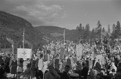 Folketog,flagging;muligens Mosjøens 75års-jubileum.
Kinokry