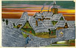 Postkort tegning av landsby, sveitsisk inspirerte hus