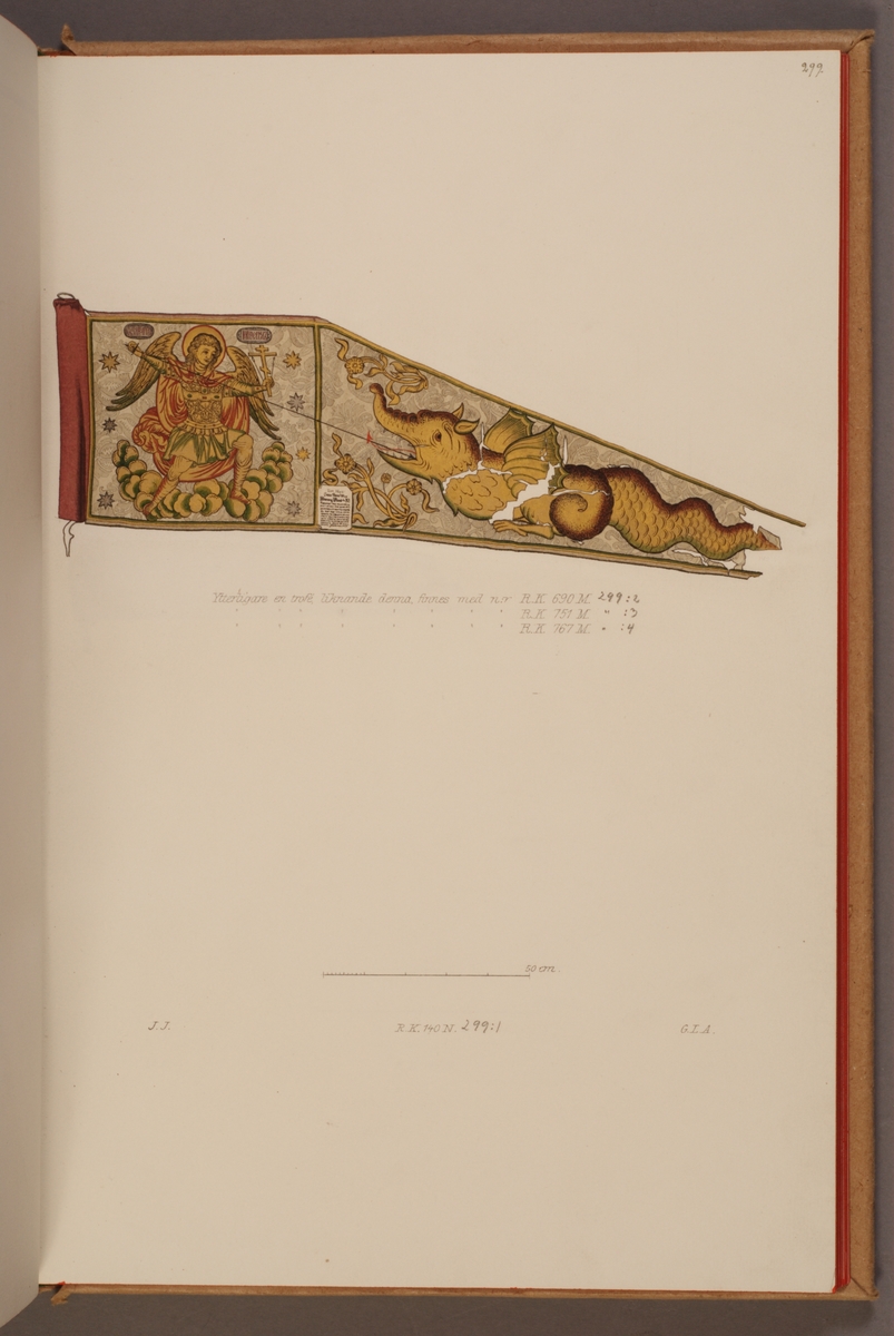 Avbildning i gouache föreställande fälttecken taget som trofé av svenska armén. Den avbildade vimpeln finns bevarad i Armémuseums samling, för mer information, se relaterade objekt.