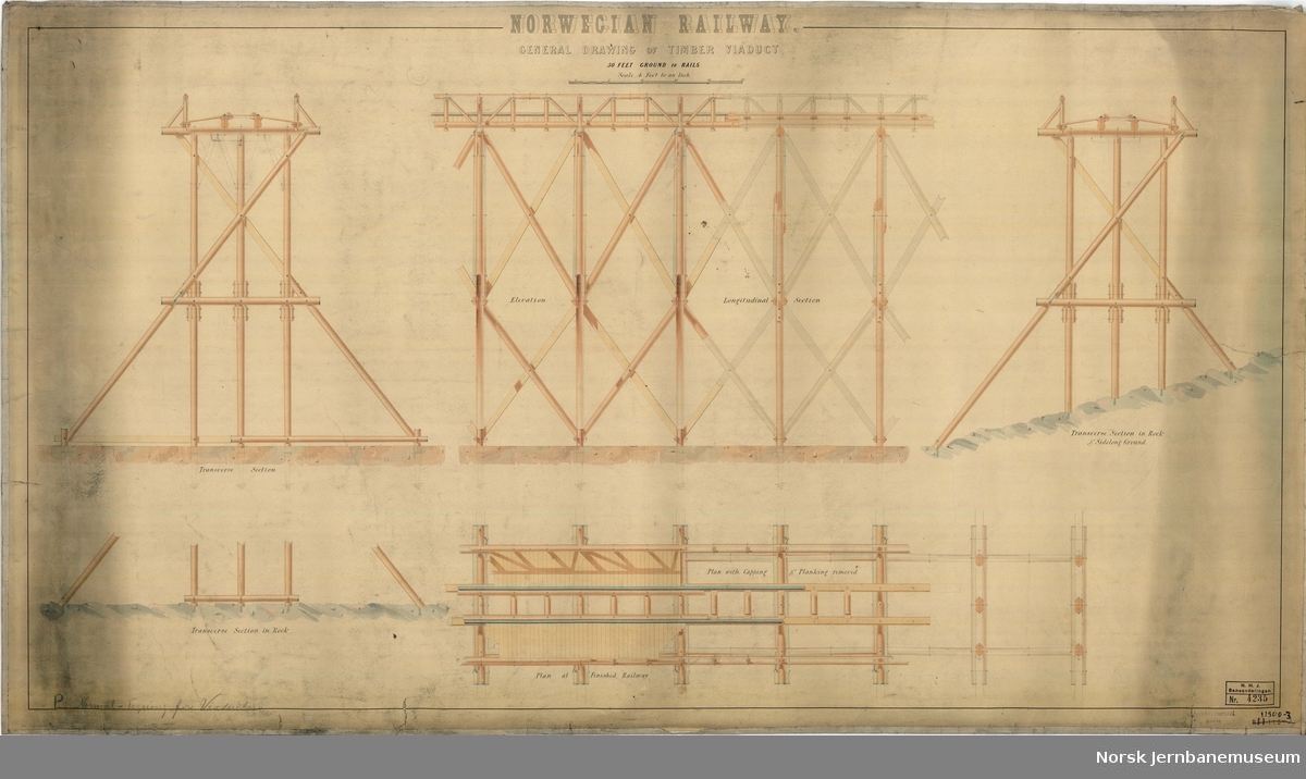 Norwegian Railway. General drawing of Timber Viaduc