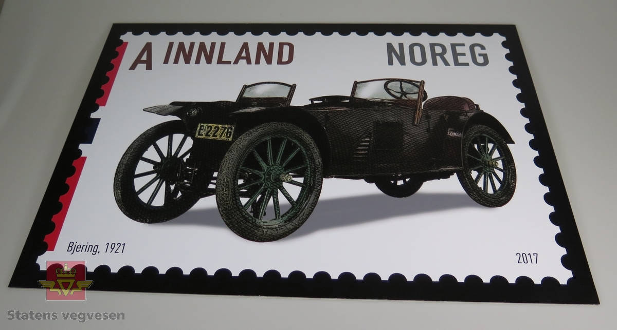 Kappaplate med frimerkemotiv. Bilen på frimerket er en Bjering, 1921 mod.