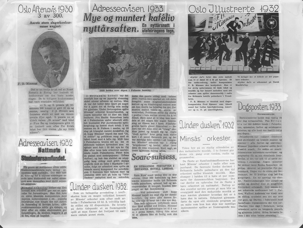 Minsaas orkester. Collage av klipp fra aviser og tidsskrifter